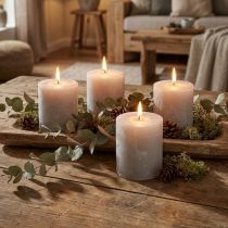 Prodotto Candele colorate, grigio chiaro, candele a colonna 70×80 mm, 4 pezzi, decorazione rustica per casa e giardino