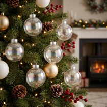 Prodotto Pallina di Natale in vetro trasparente perlato con effetto iridescente e gancio in metallo 5 cm 24 pezzi