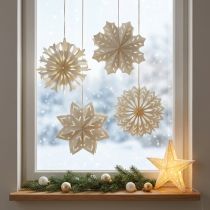 Prodotto Eleganti fiocchi di neve di carta per decorazioni invernali e natalizie.