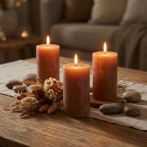 Prodotto Candele a colonna color caramello tinta unita 70×120 mm, set da 4, candele decorative, lunga durata di combustione, decorazioni per la casa, decorazioni per la tavola