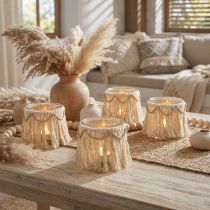 Prodotto Lanterna in vetro con frange macramè crema Boho Ø9,5 cm 4 pezzi