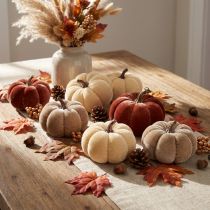 Prodotto Decorazioni a forma di zucca, zucche in tessuto, gialle, beige, marrone rossiccio, Ø7cm, 9 pezzi