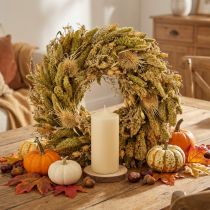 Prodotto Ghirlanda decorativa secca con cardo e miglio in giallo-verde oliva, stile rustico naturale, Ø28cm, versatile decorazione da parete e da tavolo