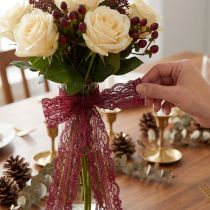 Prodotto Nastro in pizzo con fiori, nastro decorativo, Bordeaux, larghezza 25 mm, lunghezza 25 m