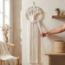 Prodotto Acchiappasogni in macramè, albero della vita, decorazione da parete, stile boho, Ø28 cm, altezza 92 cm, bianco naturale