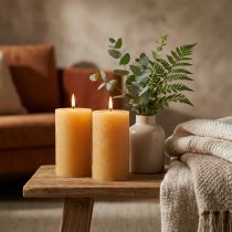 Prodotto Candele a colonna colorate, color miele, set da 2, 85×150 mm, lunga durata di combustione, creano un'atmosfera accogliente, decorazione da tavola