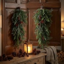 Prodotto Rami di Natale artificiali da appendere, decorazione con rami di abete, rami di cipresso con pigne, ghirlanda per porte, decorazione da parete, decorazione da finestra, plastica, resistente, 60 cm