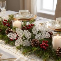 Prodotto Decorazione invernale, foglie decorative, ramo artificiale glitter bianco L36cm 10p