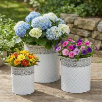 Prodotto Vaso per piante con motivo a pizzo, contenitore in metallo, secchiello decorativo, bianco, argento, shabby chic, H28/25.5/23.5cm, Ø29.5/25.5/20cm, set da 3