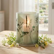 Prodotto Lanterna grande in vetro decorativo con motivo prato bianco verde H24cm