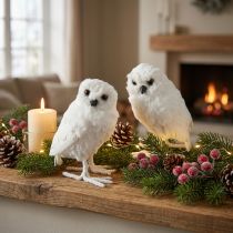 Prodotto Gufo delle nevi, gufo decorativo bianco con pelliccia e piume, 15,5 cm, 2 pezzi