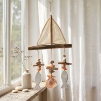 Prodotto Campanello a vento decorazione nave a vela pesce legno bianco naturale H56cm