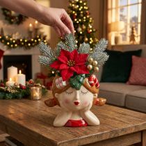 Prodotto Vaso decorativo in ceramica a forma di testa di pianta, altezza 17 cm, per Natale