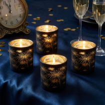 Prodotto Set di 6 lanterne in vetro, nere e dorate, motivo fuochi d'artificio, decorazione festiva, 9 cm