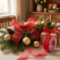 Prodotto Nastro in organza, nastro regalo, nastro decorativo, cimosa rossa, 50 m