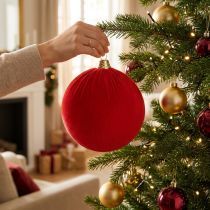 Prodotto Pallina di Natale effetto velluto rosso, grande pallina per albero di Natale da 20 cm, 3 pezzi