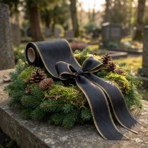 Prodotto Elegante nastro a corona moiré, 175 mm nero con bordo perlato e trama in taffetà, nastro decorativo per fiori funebri, nastro a fiocco, 25 m