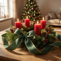 Prodotto Elegante nastro a ghirlanda in moiré, 175 mm, verde scuro con bordo perlato e trama in taffetà per occasioni festive.