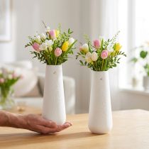 Prodotto Vaso in ceramica bianco e oro con decorazione a forma di uccello, Ø6,5cm H19cm, 2 pezzi