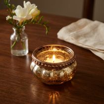 Prodotto Tealight in vetro champagne oro antico con bordo in metallo Ø6cm H3,5cm