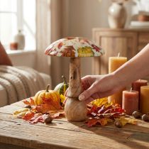 Prodotto Fungo in legno deco foglie autunnali bianche, decorazione autunnale colorata Ø13cm H19cm