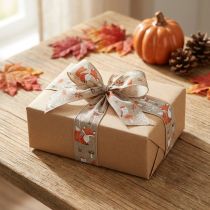Prodotto Nastro regalo autunnale con volpe e funghi lino grigio 40mm 15m