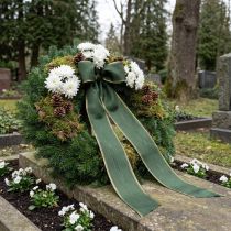 Prodotto Nastro per ghirlanda moiré, 150 mm, verde scuro con bordo perlato dorato, trama in taffetà, rotolo da 25 m per decorazione e design