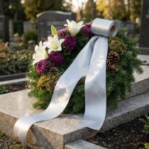Prodotto Nastro in raso per corone funebri, color argento, largo 100 mm e lungo 25 m, ideale per corone funebri, commemorative e per anniversari, resistente alle intemperie e compostabile.