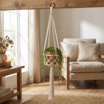 Prodotto Decorazione da parete in macramè stile boho Ø12cm H79cm crema - Decorazione da parete con fioriera sospesa