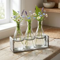 Prodotto Set di bottiglie rustiche su supporto in legno - 3 bottiglie di vetro, grigio-bianco, 24x8x20 cm - Versatile per la decorazione
