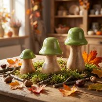 Prodotto Funghi decorativi in legno funghi in legno verde chiaro lucido H6/8/10 cm set da 3