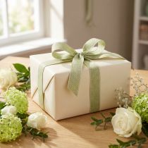 Prodotto Nastro regalo motivo a spina di pesce nastro decorativo bianco verde 25 mm 15 m