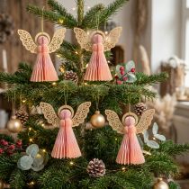 Prodotto Ornamenti di carta a forma di angelo, colore albicocca e oro, 12 cm, set da 4