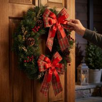 Prodotto Fiocco natalizio decorativo, fiocco regalo, per esterni, a quadri rossi, largo 6 cm, 20×29 cm, 2 pezzi