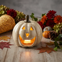 Prodotto Zucca decorativa in ceramica con LED e faccina sorridente, 13 cm