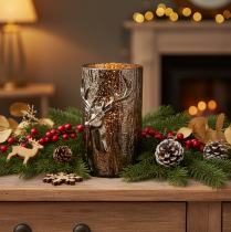 Prodotto Portacandele in vetro con decorazioni a rilievo raffiguranti testa di cervo e albero, decorazione invernale, 26 cm