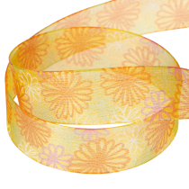 Prodotto Nastro regalo in organza con motivo floreale, giallo/arancione, 25 mm x 18 m