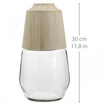 Prodotto Vaso in vetro con vaso decorativo in legno vaso di fiori trasparente H30cm