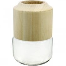 Vaso in vetro con vaso decorativo in legno per floristica secca H20cm