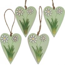 Cuori decorativi da appendere con fiori legno verde, bianco 8,5×12cm 4pz
