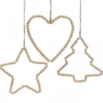 Appendino decorativo Natale perline di legno cuore stella albero H16cm 3 pezzi