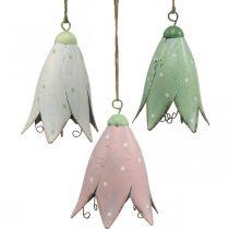 Fiori di metallo, campanule da appendere, decorazione primaverile, ciondolo in metallo H10,5 cm bianco, rosa, verde set di 3