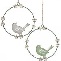 Ghirlanda con uccellino, decorazione in metallo da appendere, primavera bianco/verde Ø14,5 cm set da 2