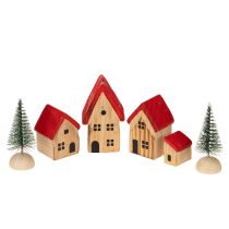 Prodotto Set di casette decorative in legno con tetti rossi e abeti, 12 cm, 6 pezzi