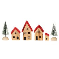 Prodotto Set di casette decorative in legno con tetti rossi e abeti, 12 cm, 6 pezzi