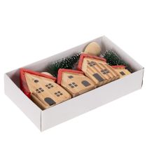 Prodotto Set di casette decorative in legno con tetti rossi e abeti, 12 cm, 6 pezzi