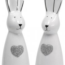 Coniglio in ceramica bianco e nero, decorazione coniglietto pasquale coppia di conigli con cuore H20.5cm 2pz