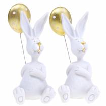 Coniglio con palloncino seduto bianco, oro H13,5 cm 2 pezzi