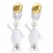 Coniglietto pasquale con palloncino in piedi oro bianco H18cm 2 pezzi