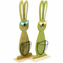 2 Coniglietti Pasquali In Legno - Decorazione Pasquale Dipinta A Mano, 19 Cm, Con Base, Stile Floreale Pastello Per Tavolo E Casa